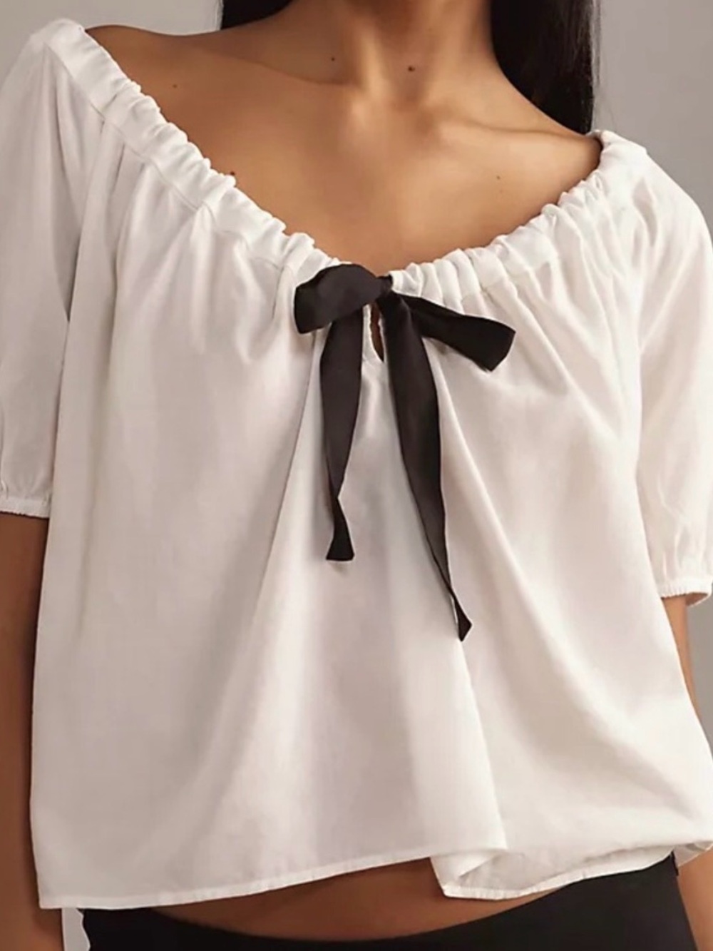 Reformation White Off-the-Shoulder Blouse with Black Tie